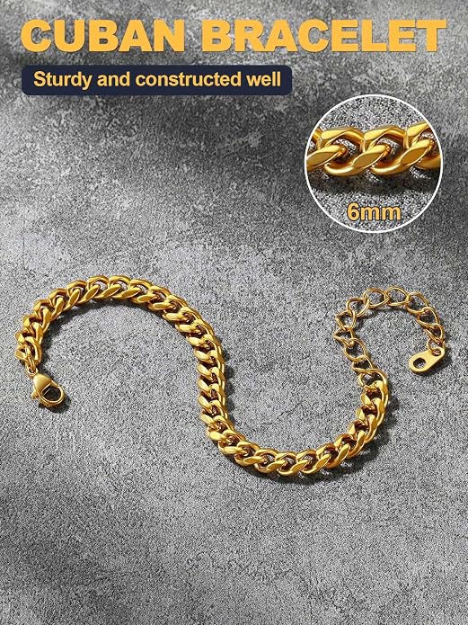 U7 Link Bracelets for Men, Cuban Link/Rope/Watch Band Solid Bracelet, Silver Black Gold Color Wrist Bracelet 3/6/9/12/15mm Width, 6.5/7.5/8.3 Inch Length, Hand Chain Jewelry for Mens Women