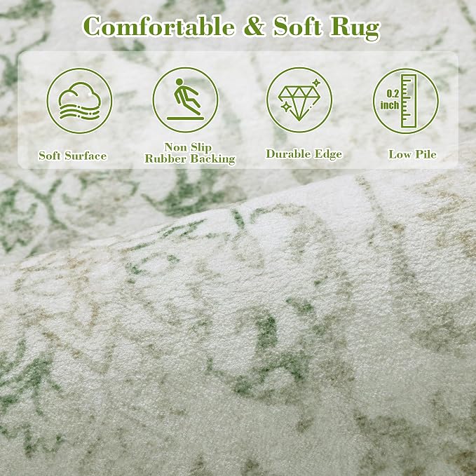 Green Vintage Area Rug 5x7 for Living Room Bedroom, Washable Distressed Farmhouse Soft Thin Non-Shedding Indoor Throw Rug, Traditional Accent Carpet for Bedroom Office
