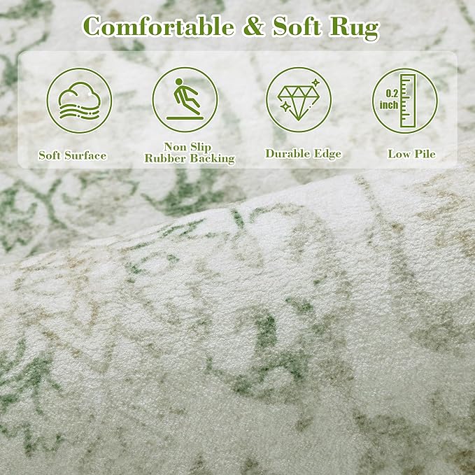 Green 3x10 Runner Rug for Hallways Bed Side Kitchen, Boho Washable Distressed Low-Pile Floor Entryway Long Bathroom Mat, Non-Slip Laundry Room Washstand Front Carpet Green 36x84 Inch