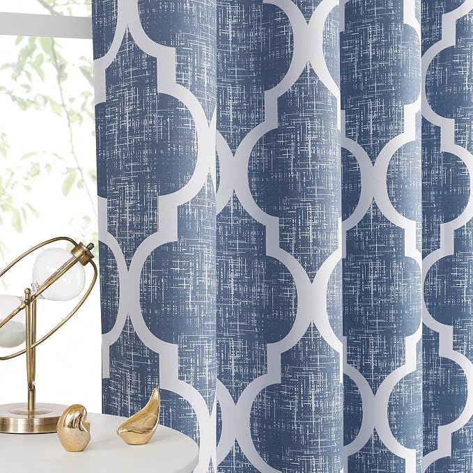 Beauoop Moroccan 100% Blackout Curtains Bedroom Blue 50x96 2 Panels | Geometric Room Darkening Drapes for Living Room 96 Inch Long Thermal Insulated Soundproof Lattice Window Treatment Grommet