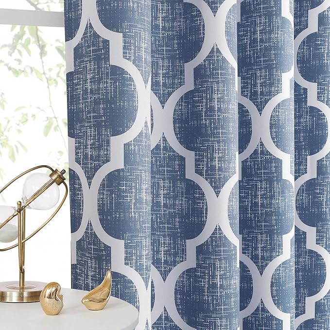 Beauoop Moroccan 100% Blackout Curtains Bedroom Blue 50x72 2 Panels | Geometric Room Darkening Drapes for Living Room 72 Inch Long Thermal Insulated Soundproof Lattice Window Treatment Grommet