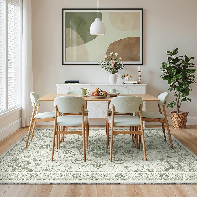 Madane 5x7 Area Rugs for Living Room, Machine Washable Vintage Green Rug with Non-Slip Backing, Soft Throw Rug, Thin Carpet for Bedroom Dining Room Farmhouse Under Table, Green/Ivory