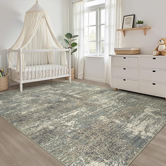 7x9 Area Rug Living Room: Washable Large Neutral Rug Abstract Soft Modern Stain Resistant Indoor Floor Non-Slip Carpet for Bedroom Nursery Kids Office Playroom Dining Room- Green Brown