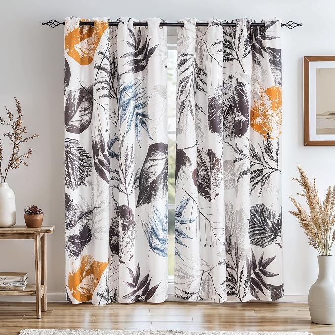 SUBRTEX Boho Leaf Printed Curtains 63 inch Long 2 Panels, Room Darkening Vibrant Floral Drapes, 50% Blackout Light Flitering Curtains, Semi Sheer Farmhouse Curtains for Living Room, 52Wx63L, Gray Leaf