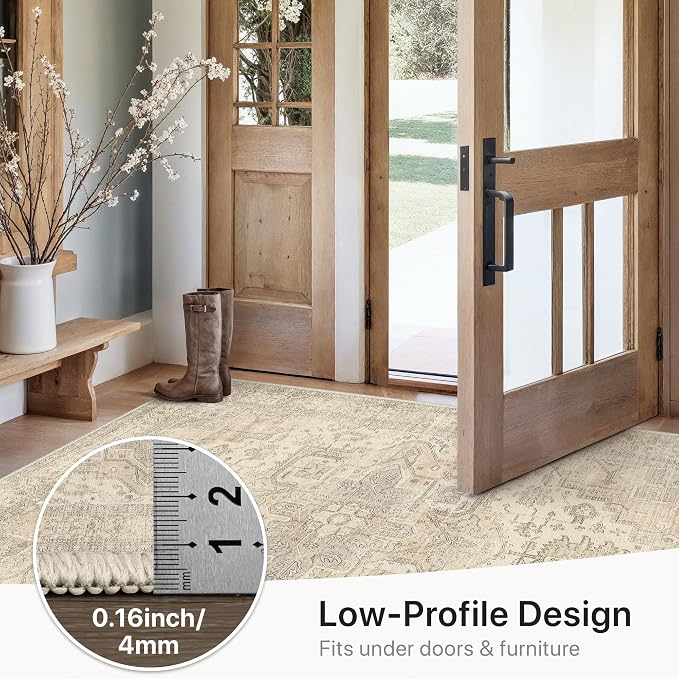GENIMO 2x5 Washable Runner Rug Non Slip for Hallway, Beige Ivory | Vintage Floral Kitchen Runner, Stain Resistant, Low Pile and Lightweight for Entryway, Bedroom, Bathroom and Laundry Room
