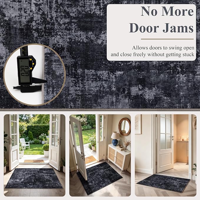 Sasttie 2x10 Soft Runner Rug for Entryway, Modern Abstract Washable Carpet for Hallway, Kitchen and Laundry Room, with Non-Slip Backing, Black and Grey