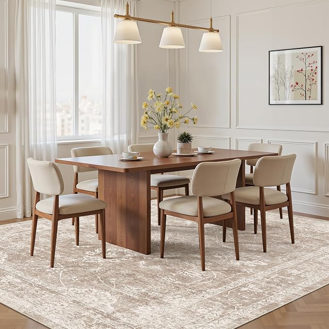 Madane Washable 6x9 Area Rugs for Living Room, Vintage Natural Rug with Non-Slip Backing, Soft Stain Resistant Throw Rugs Thin Carpet for Bedroom Dining Room Farmhouse (6 x 9, Brown/Sand)