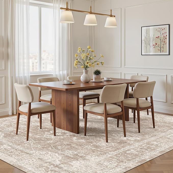 Madane Washable 7x9 Area Rugs for Living Room, Vintage Natural Rug with Non-Slip Backing, Soft Stain Resistant Throw Rugs Thin Carpet for Bedroom Dining Room Farmhouse (7 x 9, Brown/Sand)