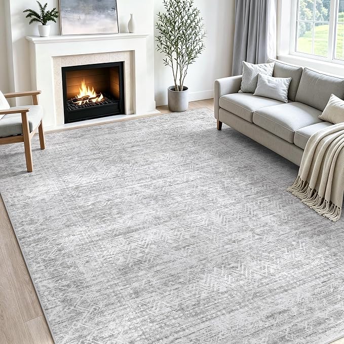 9X12 Area Rug for Living Room, Washable Moroccan Geometric Rug Soft Non-Slip Rubber Vintage Boho Large Rug, Low Pile Farmhouse Carpet for Bedroom Dining Room Nursery Modern Office (Gray, 9'x12')