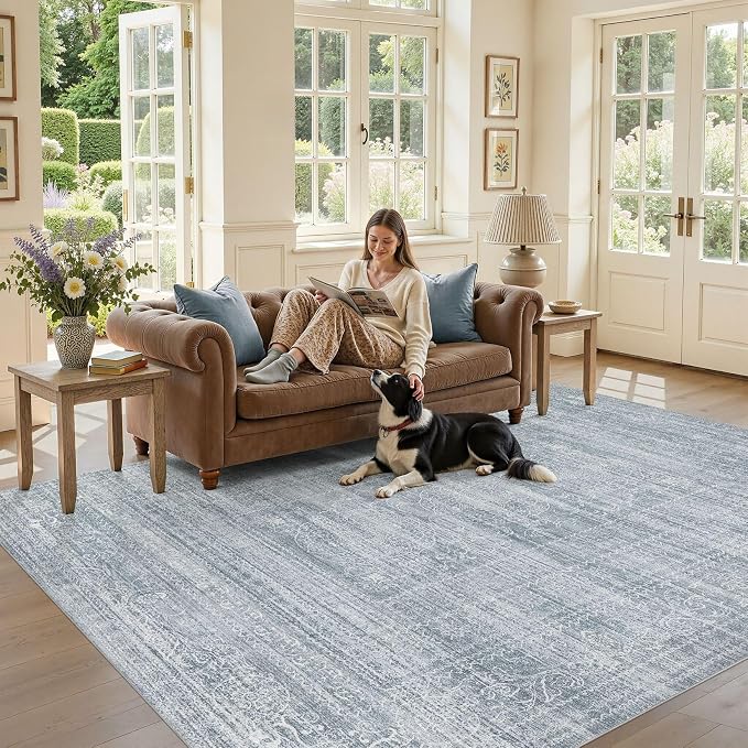Nakagishi 7x9 Area Rugs Living Room: Washable Large Vintage Rug Neutral Non-Slip Soft Stain Resistant Indoor Carpet for Bedroom Nursery Dining Room Office Playroom - Blue