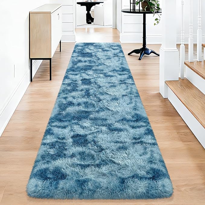 2x10 Feet Soft Fluffy Blue Runner Rug for Bedroom, Washable Plush Shag Carpet Runner for Hallway Living Room, Hallway, Nursery, Dorm, Fuzzy Bedsiluede Rug for Kids Girls Room, Home Decor
