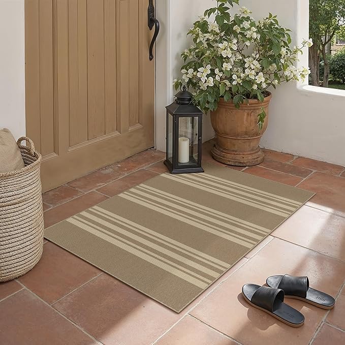 PureCozy Outdoor Rug 2x3 Washable Striped Jute Look Non Slip Mat | Khaki Stripe Farmhouse Design, Indoor Outdoor Entryway Door Mat for Kitchen, Mudroom and Bathroom, Non Shedding, Easy Care