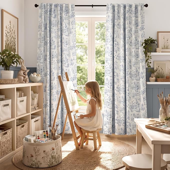 jinchan Blue Blackout Curtains 84 Inch Whimsical Back Tab 2 Panels | Room darkening,nursery kids bedroom,privacy,whimsical,cottagecore,bunny pattern,botanical,nature-inspired decor