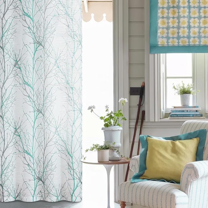 FMFUNCTEX Linen Aqua Blue White Semi Sheer Print Curtains 84 Inch 2 Panels | Branch Sheer Patterned Drapes, Light Filtering Grommet Panels for Bedroom, Living Room, Basement, and Farmhouse Curtain