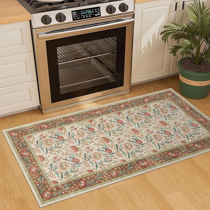 DUKINO 2x4 Rug, Washable Vintage Floral Entryway Rug Non Slip, Brown | Low Pile, Non-Shedding, Stain Resistant Boho Lightweight Soft Indoor Carpet for Kitchen Bathroom Hallway Laundry Farmhouse