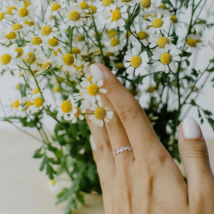MILACOLATO 925 Sterling Silver Ring for Women, 18K Gold Plated Cubic Zirconia Daisy Flower Promise Rings for Her, Sunflower Stacking Statement Wedding Band Ring Size 5-11 (Anniversary/Valentine's/Mothers Day Jewelry Gifts)
