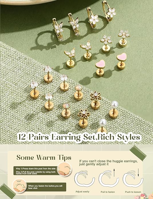 LOLIAS Hypoallergenic Flat Back Earrings for Women Girls-Cute Toddler Kids Teen Girls Earring Set-Surgical Steel Earrings for Sensitive Ears-14K Gold Plated Stainless Steel Flatback Studs Screw Back Small Hoop Cartilage Earring Stacks
