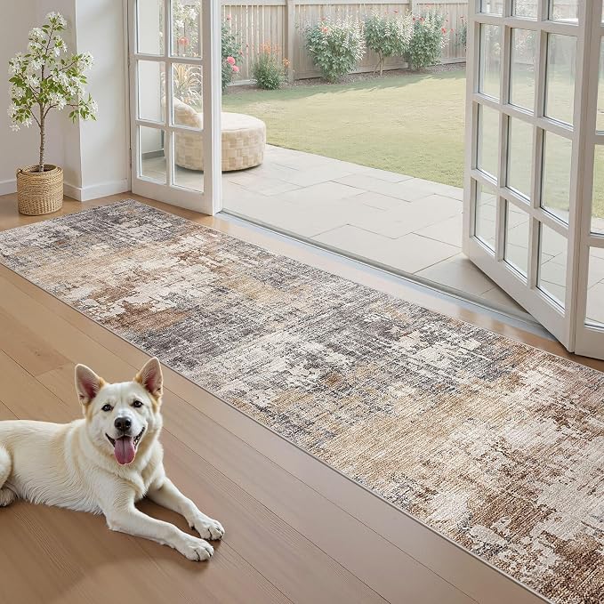 DMOYEST Washable Runner Rug for Hallway: 2.6x12 Neutral Modern Abstract Low Pile Area Rug with Non-Slip Backing - Carpet for Bedroom Kitchen Laundry Entryway Bathroom Indoor - Grey Brown