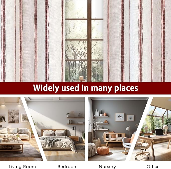 DriftAway Farmhouse Linen Stripe Blackout Curtains, W52xL96, Red | Blackout, Linen Texture, Stripe Pattern, Rod Pocket & Back Tab, Two Layers, Bedroom Living Room Use, Sound Reducing Design
