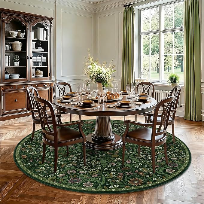 Round Rug 7ft Dark Green Washable Floral Circle Rug,Vintage Boho Botanical Round Area Rugs, Non-Slip Soft Low-Pile Circular Carpet for Bedroom,Kids Room,College Dorm,Home Decor