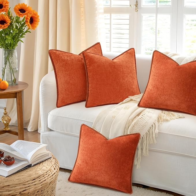 decorUhome Fall Soft Decorative Chenille Throw Pillow Covers 16x16 Set of 4 | Burnt Orange Decorative Modern Farmhouse Neutral Pillow Cases with Stitched Edge for Couch Sofa Bed Living Room Home Decor