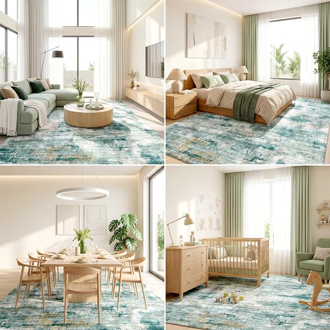 Washable Water & Stain Resistant Area Rug, Nature Scandi Abstract, 0.3" Low Pile, Non-Slip Silicone Backing, Living Room Bedroom, 8'x10', Sage Green