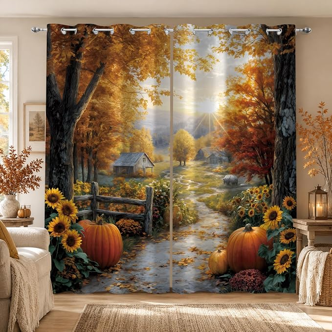 Autumn Country Road Window Curtains 52 x 63 in, Fall Landscape Drapes with Pumpkins, Sunflowers, Trees and Farmhouse Path for Bedroom Living Room