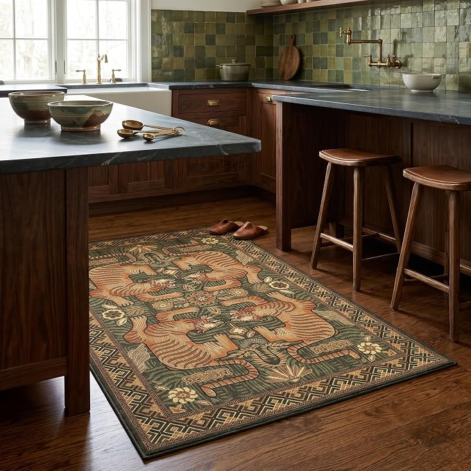 GarveeHome 3x5 Tiger Washable Area Rug for Entryway, Boho Green Bedroom Rug Non Slip Vintage Tribal Soft Animal Print Carpet Stain Resistant Throw Rug for Kitchen Dorm Kids Room Office Dining Room