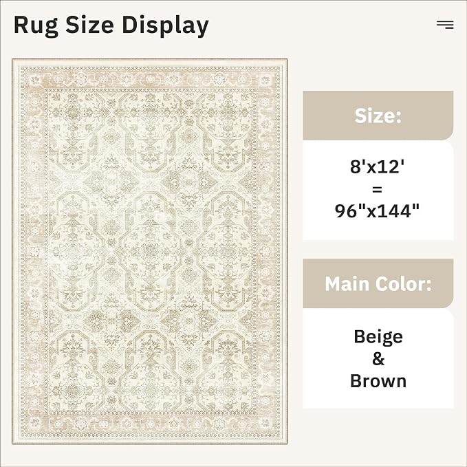 Soalmost Washable Area Rug 8x12, Large Soft Rugs for Living Room Vintage Beige/Brown Carpet 8x12 Area Rugs for Bedroom Dining Room Non-Slip Stain Resistant Under Table Rug