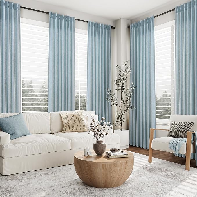 Aersas Light Blue Linen Pinch Pleated Curtains 96 Inches Long for Living Room 2 Panel Set Pleat Semi Sheer Back Tab with Hooks Drapes Kids Room Modren Curtain for Bedroom Window, 40 Inch x 96 Inch