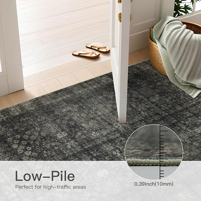 9x12 Vintage Washable Area Rug, Black | Living Room,Low Pile,Non Slip,Non-Shedding Large,Soft Indoor,Stain Resistant,Floral Print,Bedroom Dining Room
