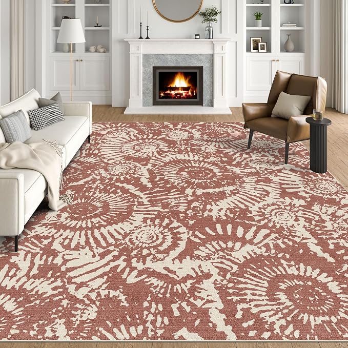 BLISSA Boho Living Room Rug - 8x10 Soft Washable Bedroom Area Rug Non-Slip Low-Pile Terracotta Modern Farmhouse Rugs for Living Room Bedroom Nursery Foyer Dining Room Rugs Under Table Large Carpet