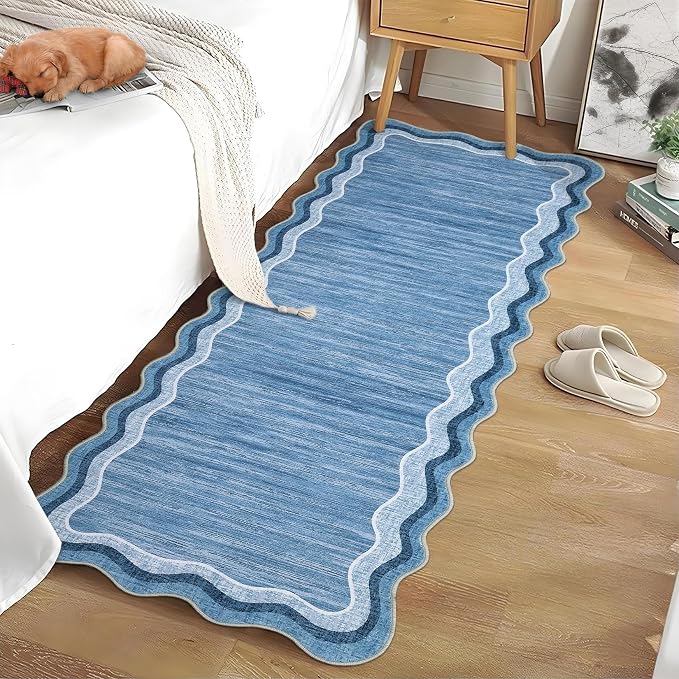 Garvee Washable Runner Rug 2x6 Scalloped Rugs for Bathroom Modern Kitchen Hallway Rugs Stain-Resistant Non-Slip Solid Rug Soft Scalloped Entryway Carpet Runner for Bathroom Laundry Bedside(Blue,2x6ft) | Modern Long Runner Rug for Entryway Bedroom, Non ...