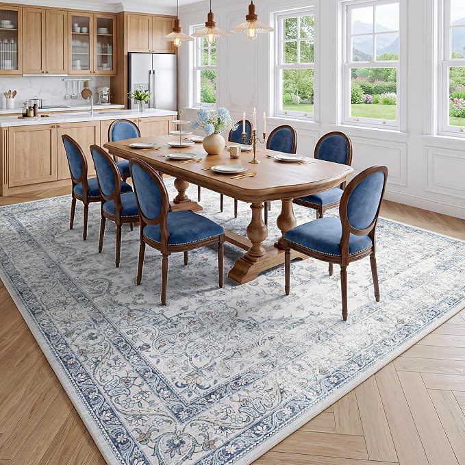 FMFUNCTEX 6x9 Blue Washable Area Rug Vintage Distressed Oriental Non Slip Low Pile Neutral Indoor Carpet for Living Room Bedroom Soft Retro Floral Thin Large Rug for Dining Nursery Office Dorm
