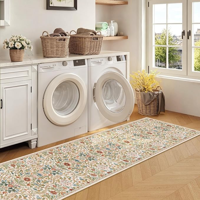 2x10 Washable Runner Rug,Beige Floral Boho Area Rug for Hallway,Low-Pile Non-Slip Stain Resistant Carpet for Kitchen, Bedside,Laundry Room,Entryway
