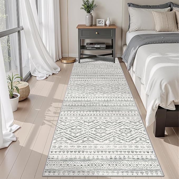 Miukiki 2x10 Runner Rug Moroccan Washable Hallway Runner Rug Non Slip Indoor Floor Kitchen Rug Foldable Carpet for Bathroom Laundry Room with Low Pile(Grey,2'x10')