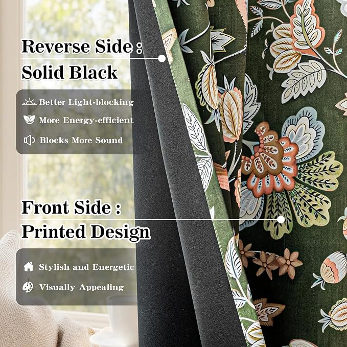 MYSKY HOME Floral Boho Blackout Bedroom Curtains 63 inch Long Room Darkening Thermal Insulated Vintage Curtains with Patterned Bird Design Grommet Drapes for Home Decor,2 Panels, 52" x 63", Green
