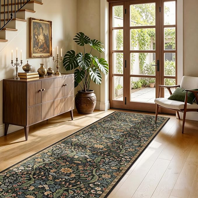 2x8 Washable Runner Rug,Black Brown Floral Boho Area Rug for Hallway,Low-Pile Non-Slip Stain Resistant Carpet for Kitchen, Bedside,Laundry Room,Entryway