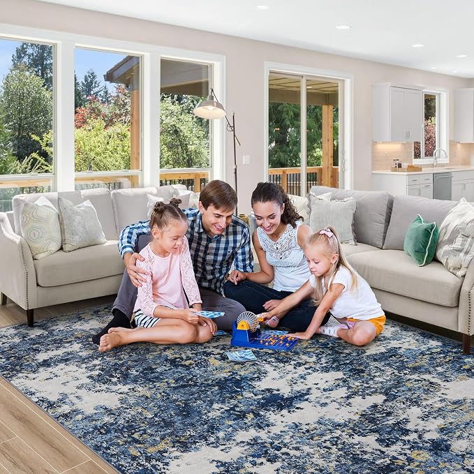 Area Rug Living Room Rugs: 5x7 Washable Rug with Anti-Slip Backing Non-Shedding Stain-Resistant Foldable Modern Abstract Carpet for Bedroom Dining Room Nursery Home Office (Blue/Multi)