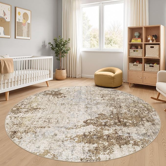8ft Round Area Rug Living Room Rugs - 8x8 Washable Large Soft Indoor Neutral Modern Abstract Low Pile Rug Carpet for Bedroom Dining Room Farmhouse Home Office - Light Brown