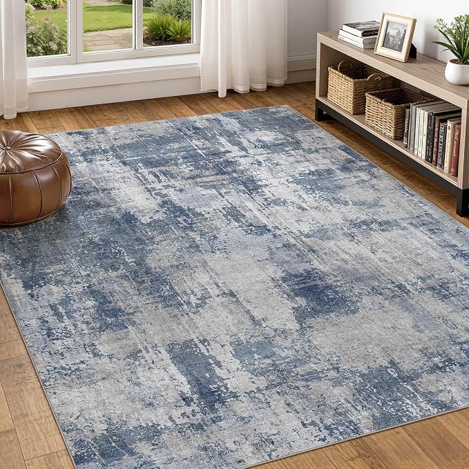 DMOYEST 6x9 Area Rug - Washable & Non Slip Indoor Rug for Living Room, Kid & Pet Friendly Abstract Low Pile Soft Carpet for Bedroom and Dining Room - Dark Blue