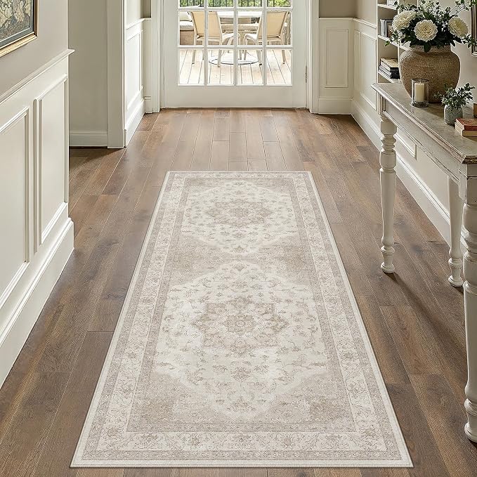 PureCozy Beige Area Rug 2x4 Washable Vintage Carpet Entryway Kitchen Soft Retro Low Pile Thin Door Mat Non Slip Oriental Medallion Throw Small Rug for Bathroom Office Bedroom Dining Room