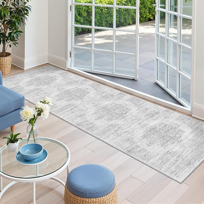 2x8 Runner Rug Non Slip,Washable Hallway Runner Rug,Grey | Neutral Rugs for Kitchen,Entryway,Bedroom,Bathroom,Nursery Room,Thin,Soft Runner Rug,Stain Resistant Indoor Carpet