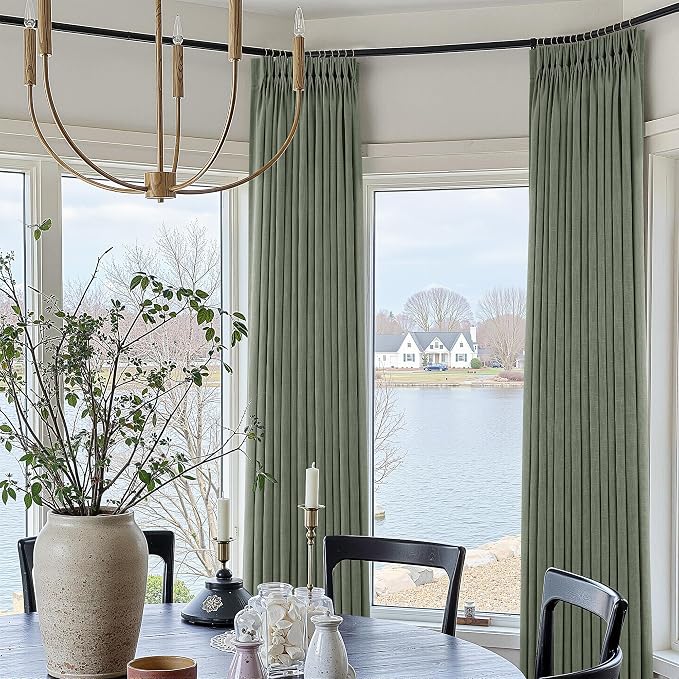 Sage Green Pleated Linen Curtains 100 Inch Length 2 Panels Set Semi Sheer Light Filtering Privacy Window Drapes for Living Room Modern Viral Pinch Pleated Curtains 100 Inches with Hooks Rings Clips