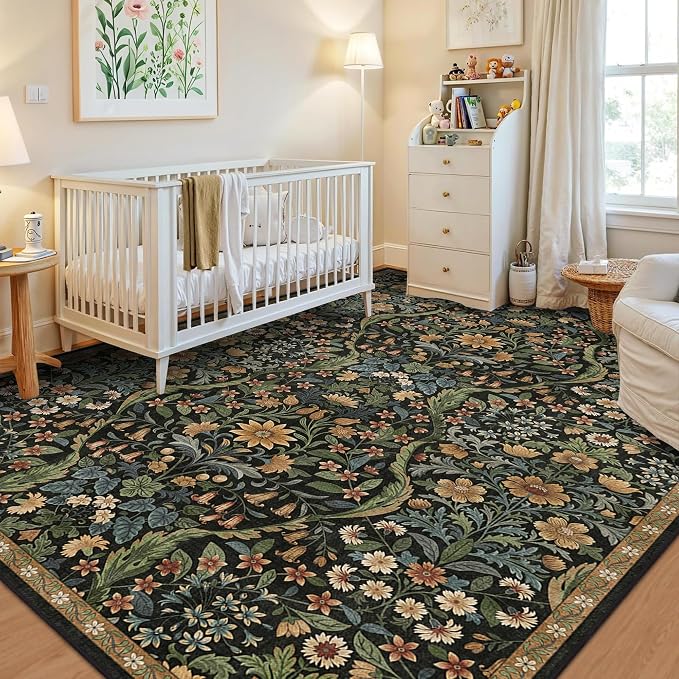 5×7 Area Rugs Black Brown Washable Floral Rug,Vintage Boho Soft Low-Pile Living Room Rugs, Stain Resistant Botanical Non-Slip Carpet for Girls Bedroom,Dining Room,Kids Nursery,Home Decor