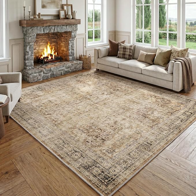 FMFUNCTEX 6x9 Washable Area Rug Brown Neutral Vintage Distressed Oriental Large Non Slip Carpet for Living Room Bedroom Traditional Retro Soft Low Pile Indoor Rugs for Dining Room Office Nursery