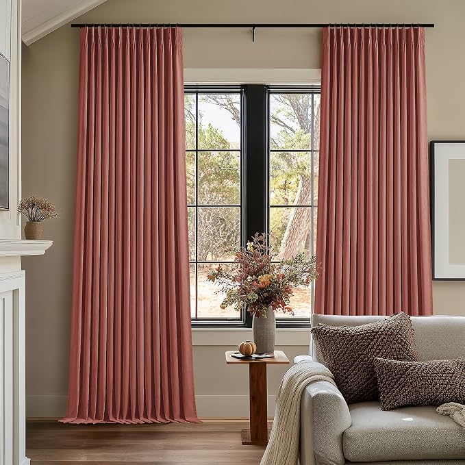 TWODRAPES Terracotta Pleat Linen Blackout 102 Inch Curtains for Bedroom | 100% Black Out Thermal Insulated, Pinch Pleat with Rings Hooks, Room Darkening Drapes with Liner, for Living Room W40xL102