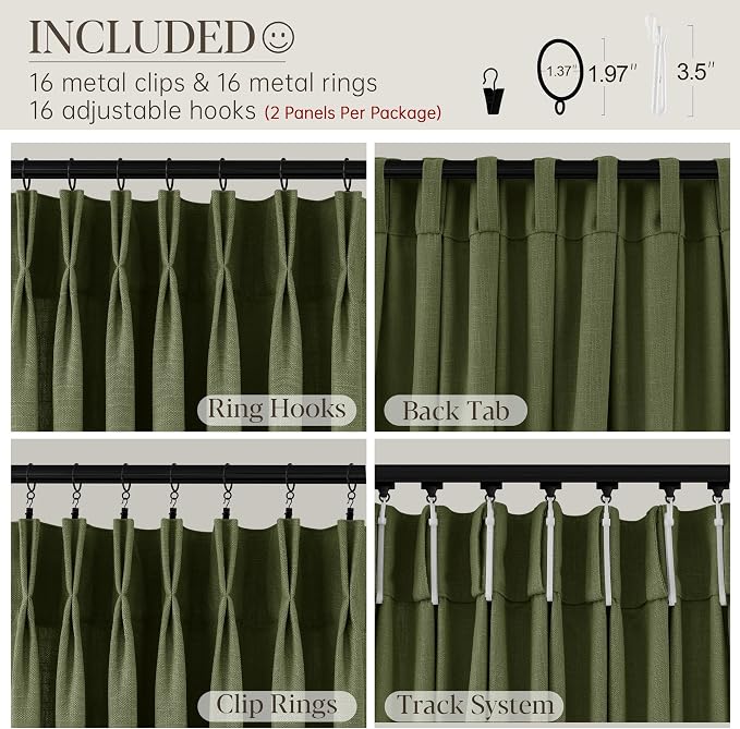 Olive Green Pleated Linen Curtains 120 Inches Long for Living Dining Room Bedroom Light Filtering Boho Window Drapes 2 Panels with Hooks Rings Clips Sliding Glass Door Semi Sheer Curtain Pinch Pleat