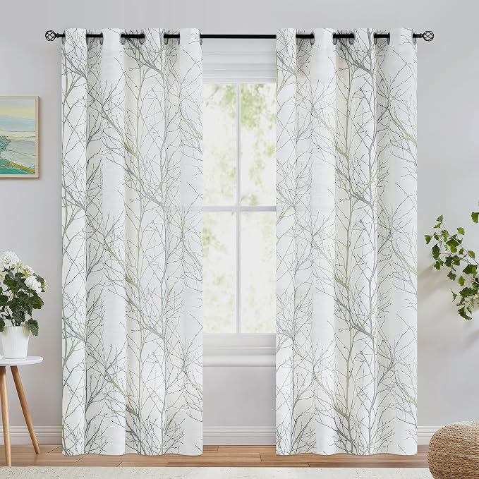 FMFUNCTEX Linen Sage Green White Semi Sheer Print Curtains 72 Inch 2 Panels | Branch Sheer Patterned Drapes, Light Filtering Grommet Panels for Bedroom, Living Room, Basement, Farmhouse Window Curtain