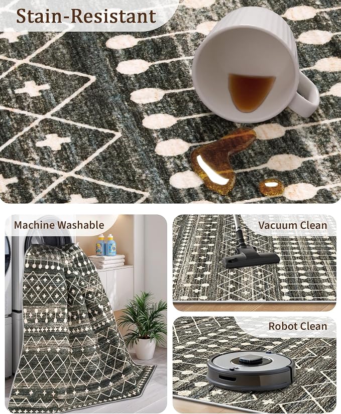 Miukiki 8x10 Area Rug for Living Room Moroccan Washable Rugs Non Slip Indoor Floor Carpet Foldable Large Soft Area Rug for Dining Room Bedroom with Low Pile(Black,8'x10')